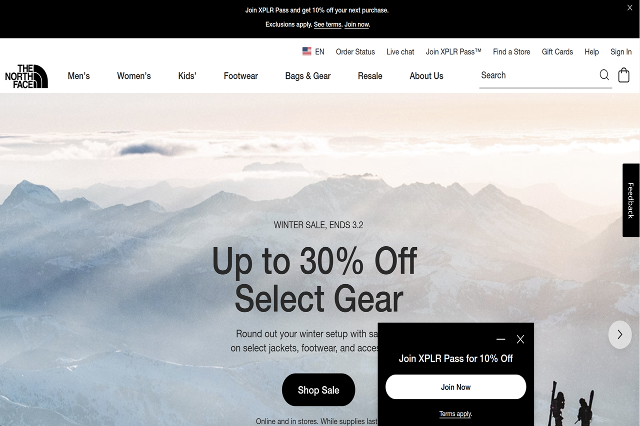 Screenshot of the The North Face homepage
