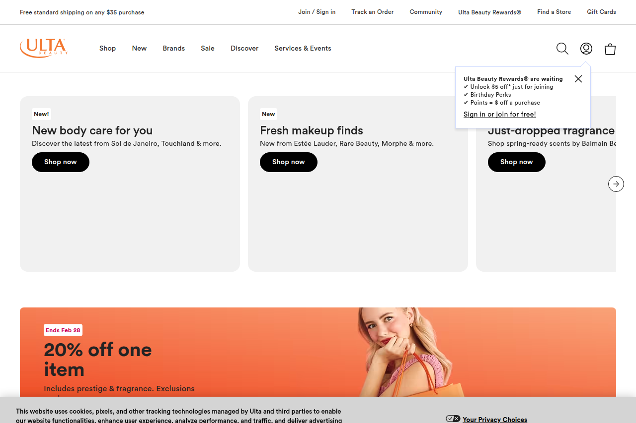 Screenshot of the Ulta Beauty homepage