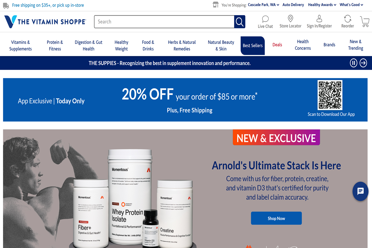 Screenshot of the Vitamin Shoppe homepage