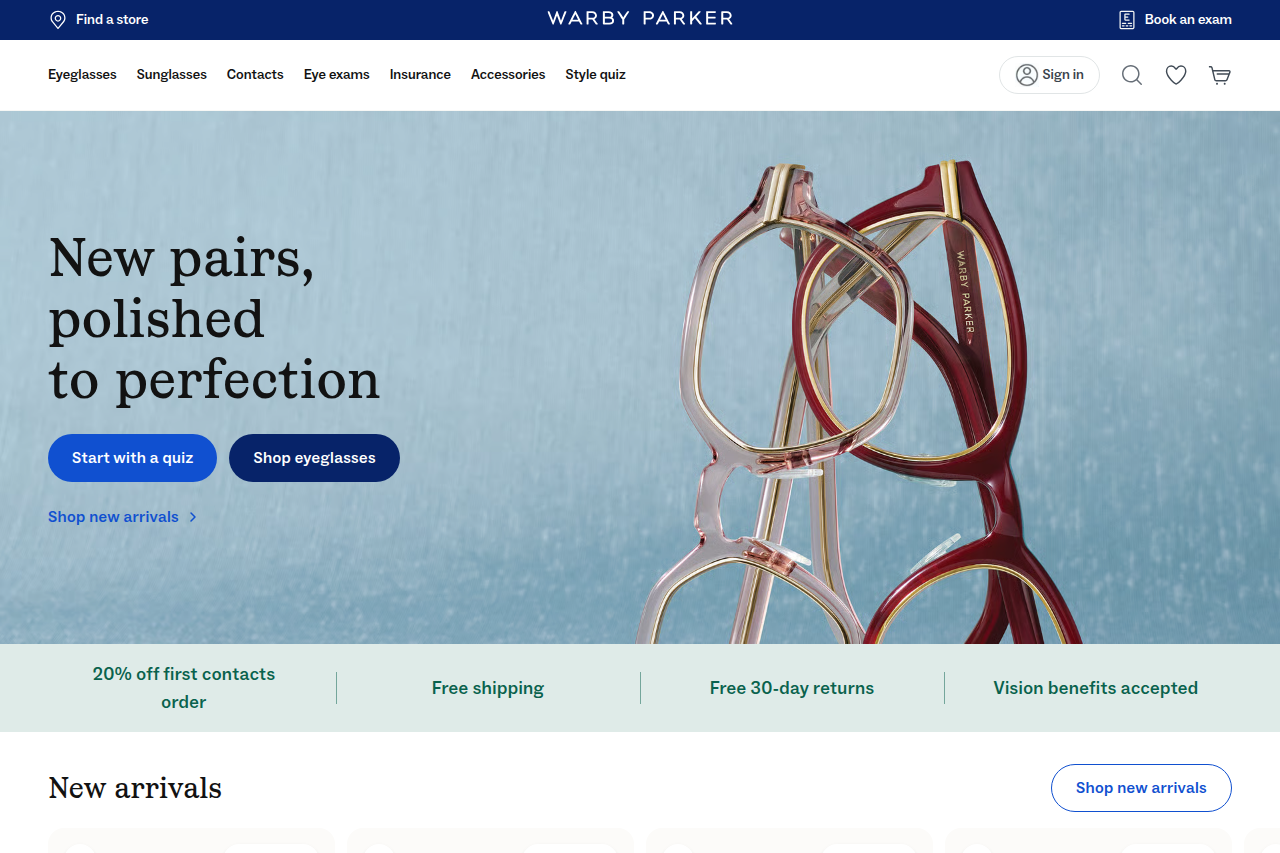Screenshot of the Warby Parker homepage