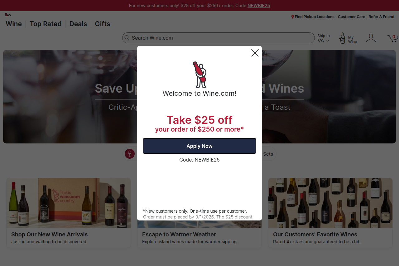 Screenshot of the Wine.com homepage