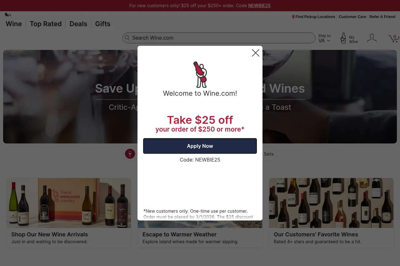 Screenshot of the Wine.com homepage