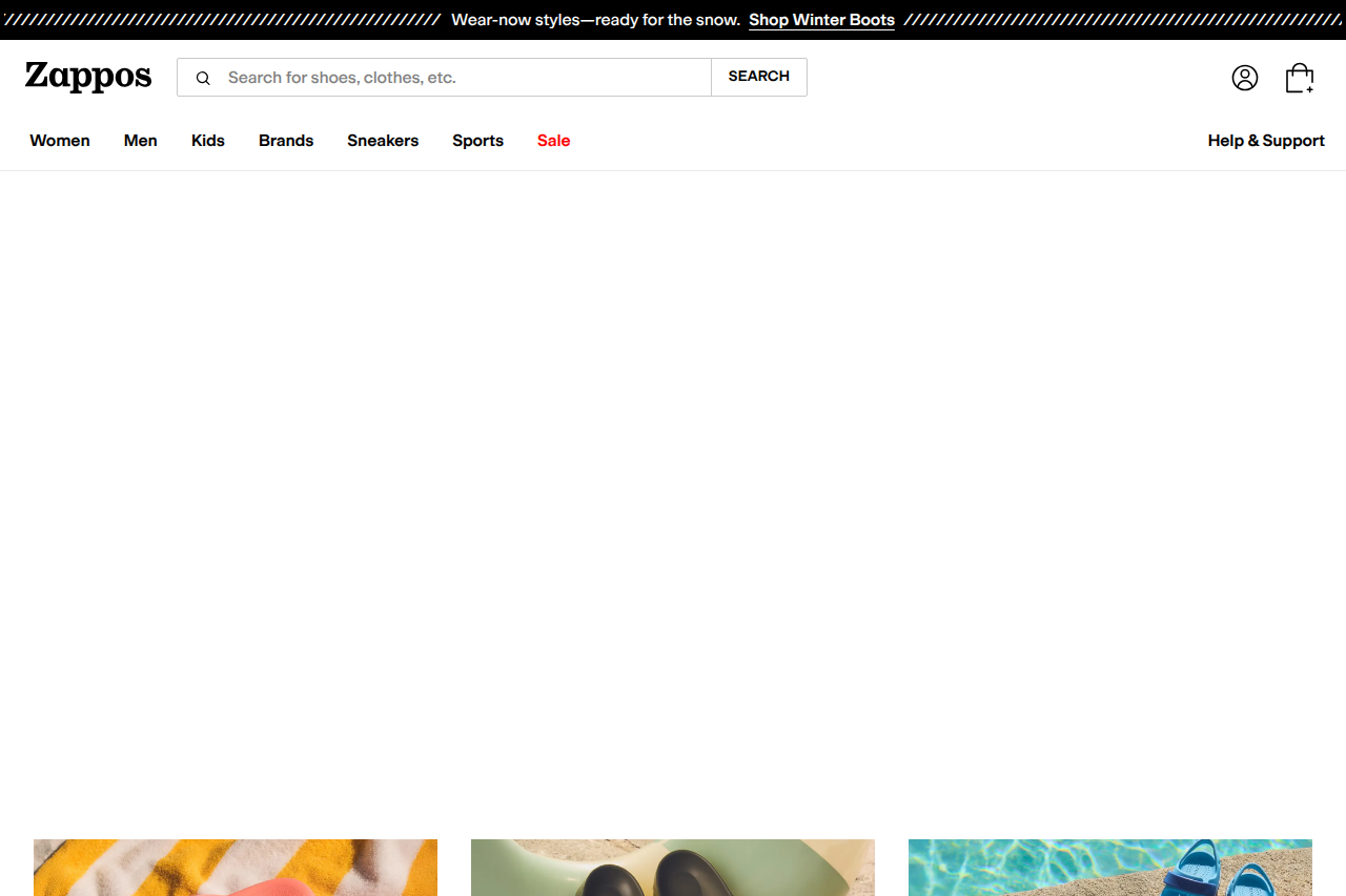 Screenshot of the Zappos homepage