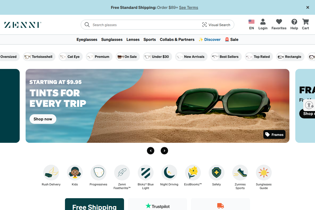 Screenshot of the Zenni Optical homepage